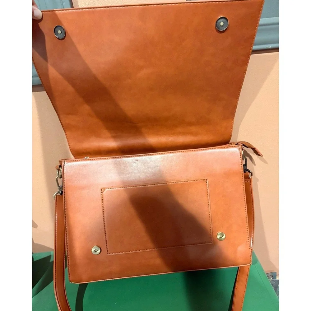 ECOSUSI Laser Cut Bow Laptop Satchel Crossbody Bag Cognac Brown NWOT